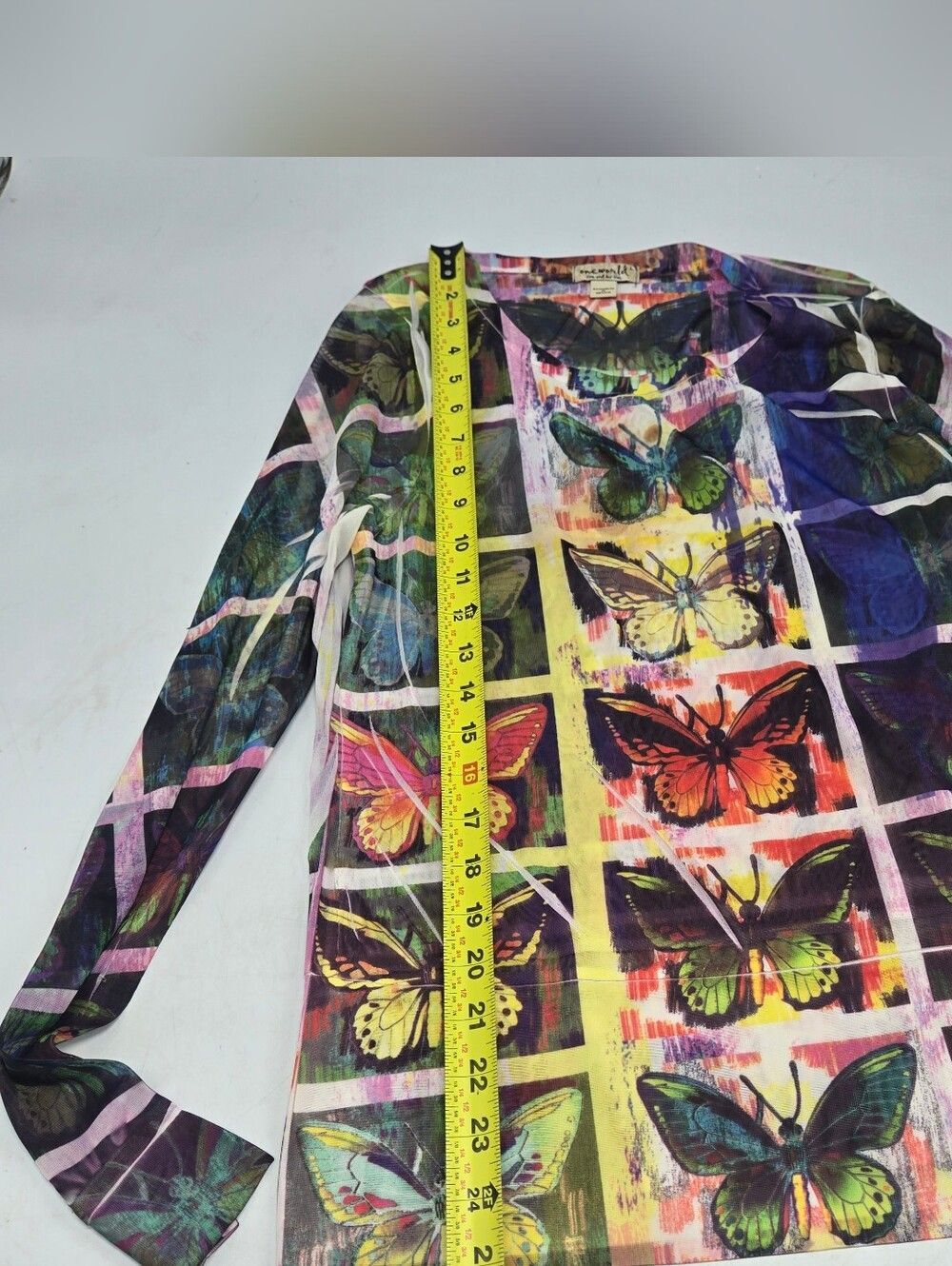 ONE WORLD Multicolor Butterfly Grid Long Sleeve Sheer Top L - Picture 5 of 7